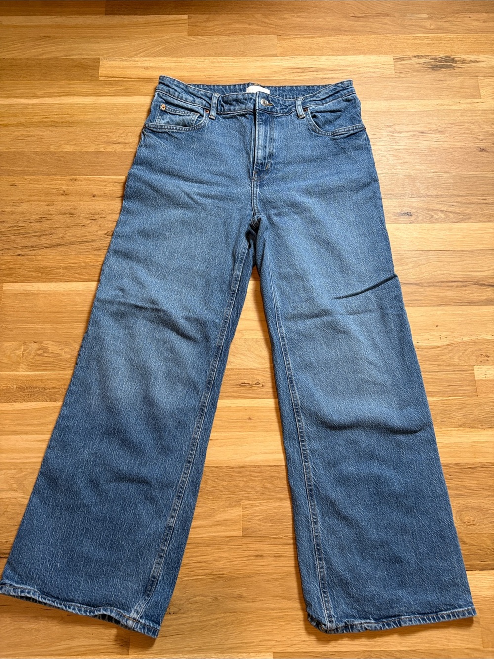 H&M Wide-Leg Flare Jeans in Medium Blue Denim
